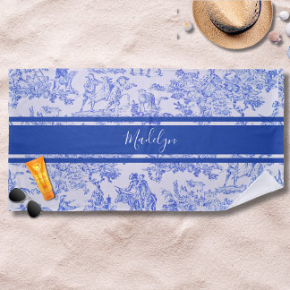 Serviette De Plage Toile Française Bleue Nom Personnalisé