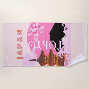 Serviette De Plage Tokyo Japan Travel Art, Retro Travel Art, Rose