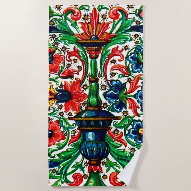Serviette De Plage Tonalités de bijoux Manuscrit médiéval Fleurs Roul (Devant)