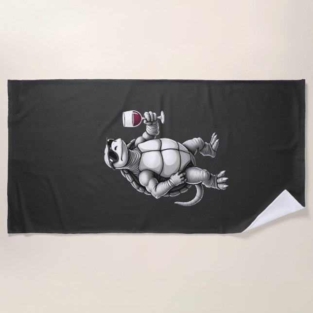 Serviette De Plage tortue cool buvant du vin rouge impression d'art_1 (Devant)