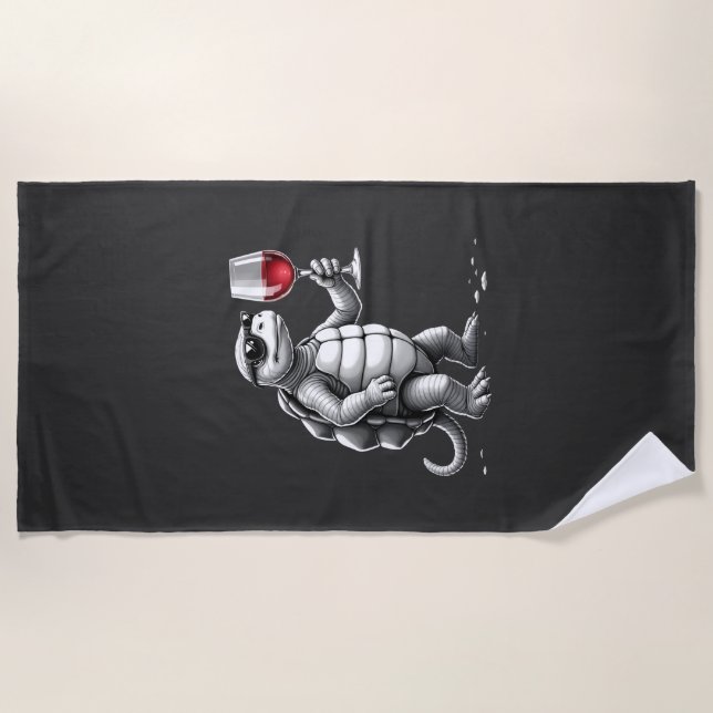 Serviette De Plage tortue cool buvant du vin rouge impression d'art_1 (Devant)