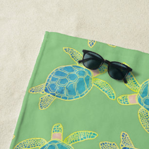 Serviette De Plage Tortue côtière monogramme bleu jaune vert