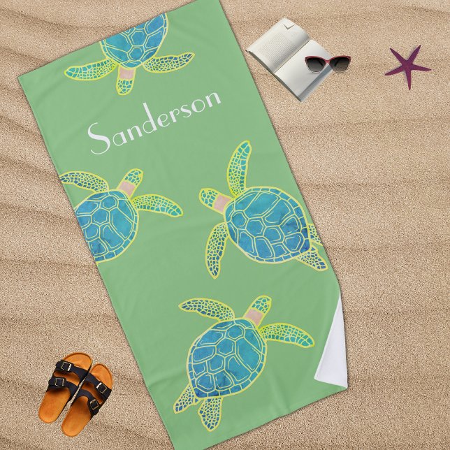 Serviette De Plage Tortue côtière monogramme bleu jaune vert (Créateur téléchargé)