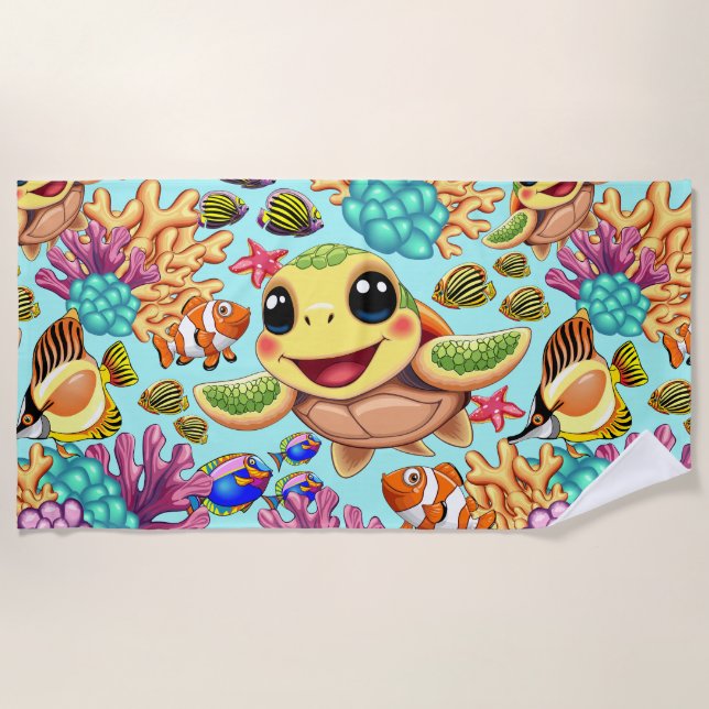 Serviette De Plage Tortue de mer Bébé heureux et mignonne personnage (Devant)