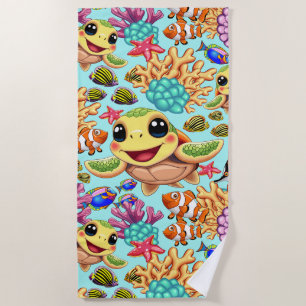 Serviette De Plage Tortue de mer Bébé heureux et mignonne personnage