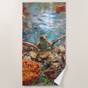Serviette De Plage Tortue de mer gracieuse sous l'eau corail coloré