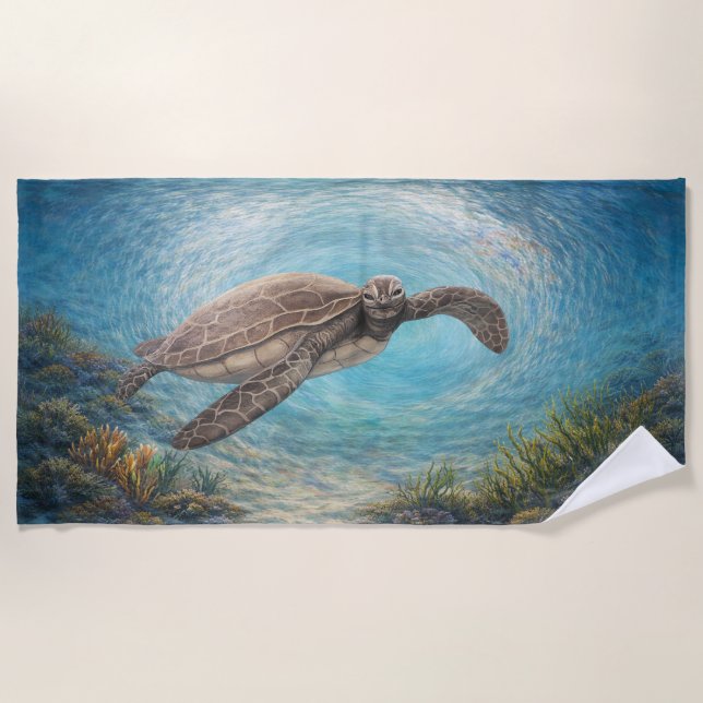 Serviette De Plage Tortue de mer peinte à la main dans un tourbillon  (Devant)