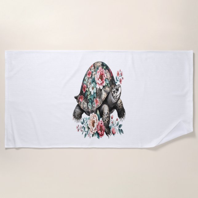 Serviette De Plage Tortue d'encre et de lave à coque florale. (Devant)