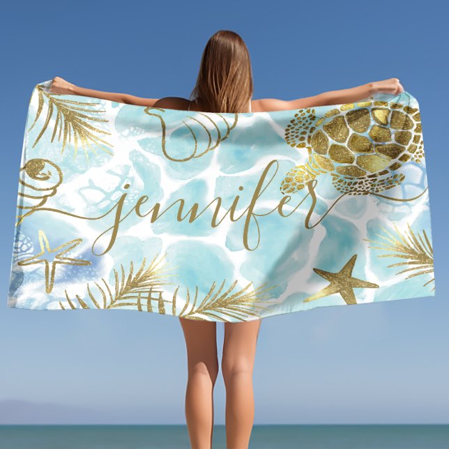 Serviette De Plage Tortue d'or Tropical Nom personnalisé (Gold Turtle Tropical Personalized Name Beach Towel)