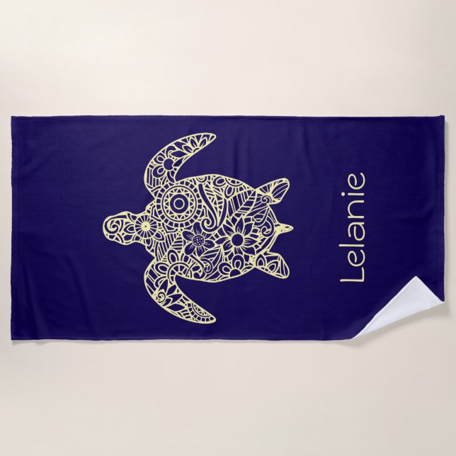 Serviette De Plage Tortue Mandala Bleu Royal  (Devant)