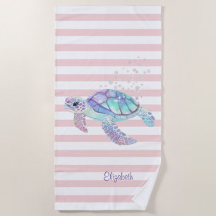 Serviette De Plage Tortue Pailletée Rayures Roses