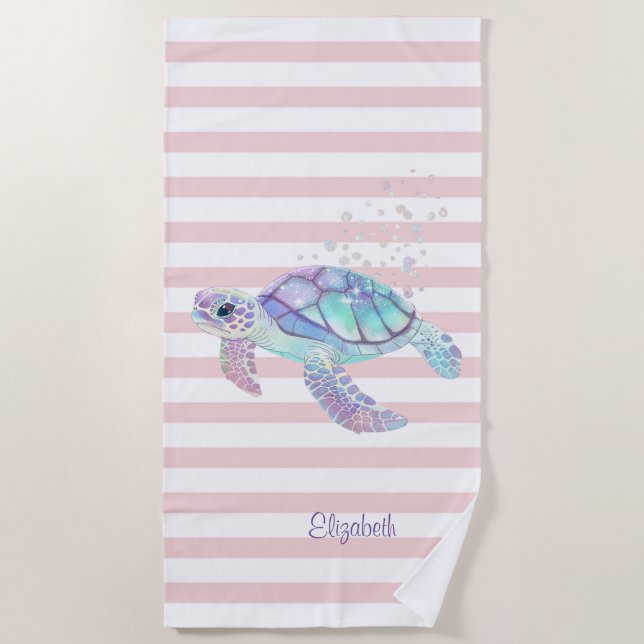 Serviette De Plage Tortue Pailletée Rayures Roses  (Devant)