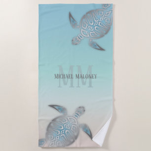 Serviette De Plage Tortues Argent Initiales Votre Nom Beige Turquoise