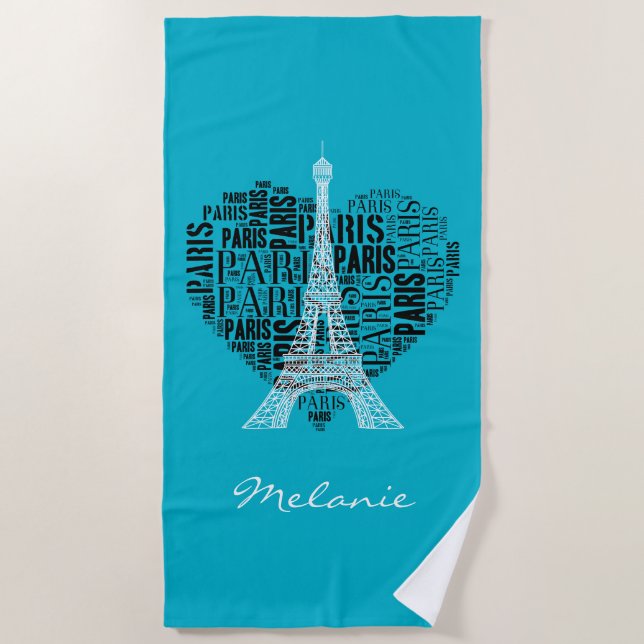 Serviette De Plage Tour Eiffel et inscriptions Paris au coeur (Devant)