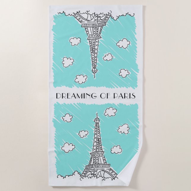 Serviette De Plage Tour Eiffel Illustration texte personnalisé servie (Devant)