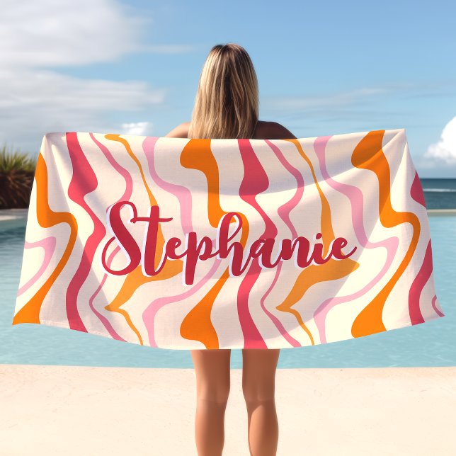 Serviette De Plage Tourbillon Rétro Abstrait Vague Rose Orange Nom Pe (Créateur téléchargé)
