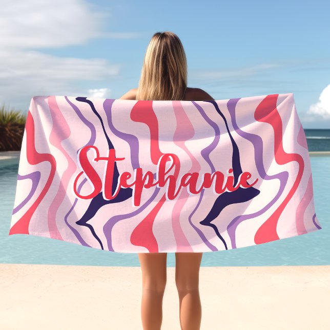Serviette De Plage Tourbillon Rétro Abstrait Vague Rose Violet Nom Pe (Créateur téléchargé)