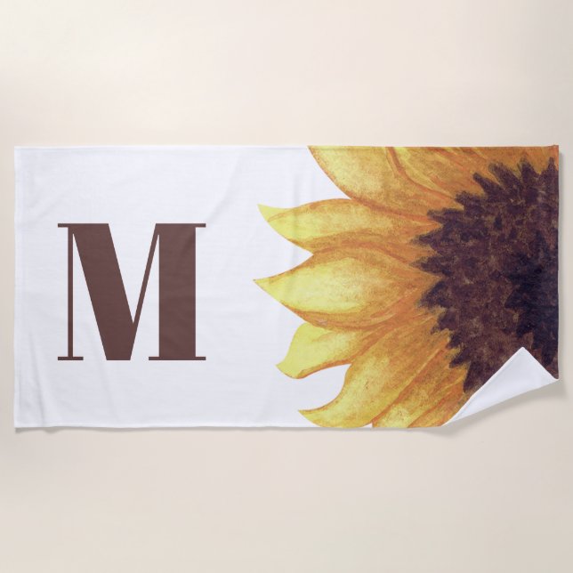 Serviette De Plage Tournesol Brun Jaune Monogramme Initial Blanc (Devant)