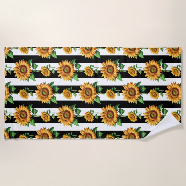 Serviette De Plage Tournesol Floral noir blanc rayures (Devant)