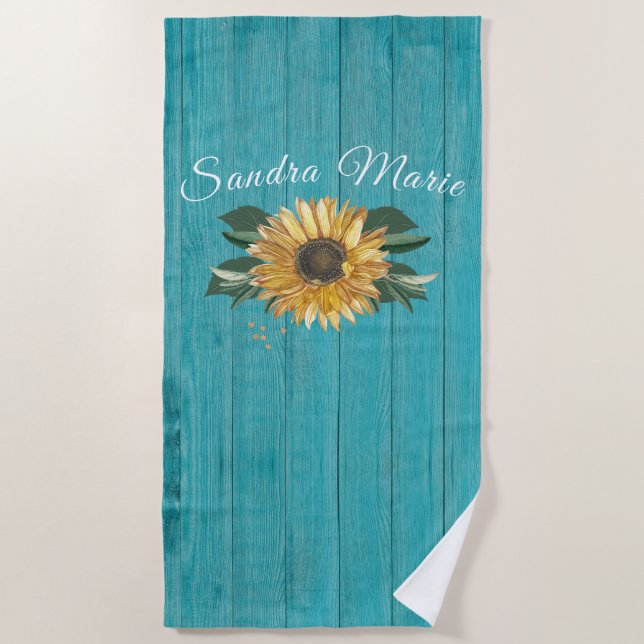 Serviette De Plage Tournesol jaune doré rustique Bois Turquoise | (Devant)