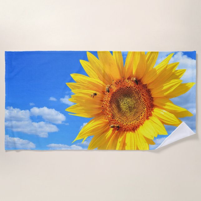 Serviette De Plage Tournesol jaune et abeilles sur le ciel bleu - Jou (Devant)