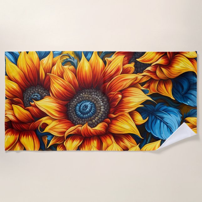 Serviette De Plage Tournesols jaune rouge et bleu (Devant)