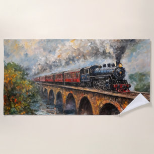 Serviette De Plage Train à vapeur sur un pont - Peinture à l'huile