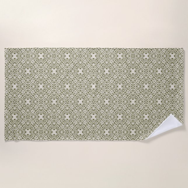 Serviette De Plage Treillis Floral Olive Géométrique  (Devant)