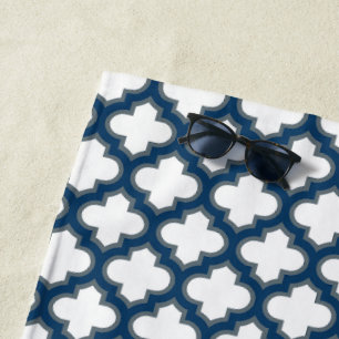 Serviette De Plage Trellis bleu blanc et marine, treillis, Quatrefoil