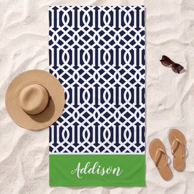 Serviette De Plage Trellis Monogramme Vert et Nuit (Créateur téléchargé)
