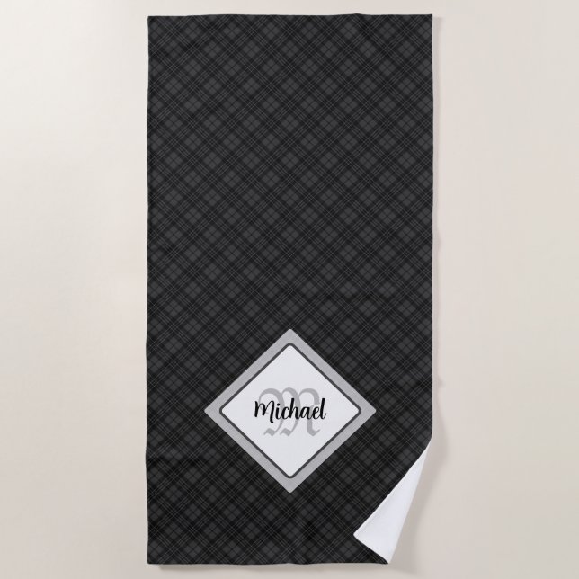 Serviette De Plage Trendy noir blanc tartan Personnaliser Monogramme (Devant)