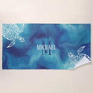Serviette De Plage Tribal des tortues blanches Aquarelle bleue Mo