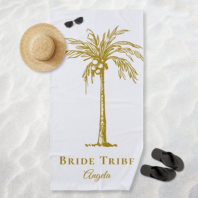 Serviette De Plage Tribe de la mariée Arbre de palmier doré tropical  (Bride Tribe Tropical Gold Palm Tree Personalized Beach Towel)