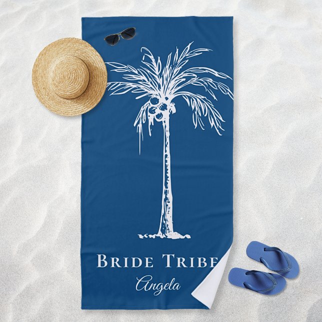 Serviette De Plage Tribe Mariée Bleu Blanc Palm Tree Personnalisé (Bride Tribe Blue White Palm Tree Custom Beach Towel)