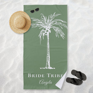 Serviette De Plage Tribu de la Mariée Sage Vert Blanc Palmier Personn
