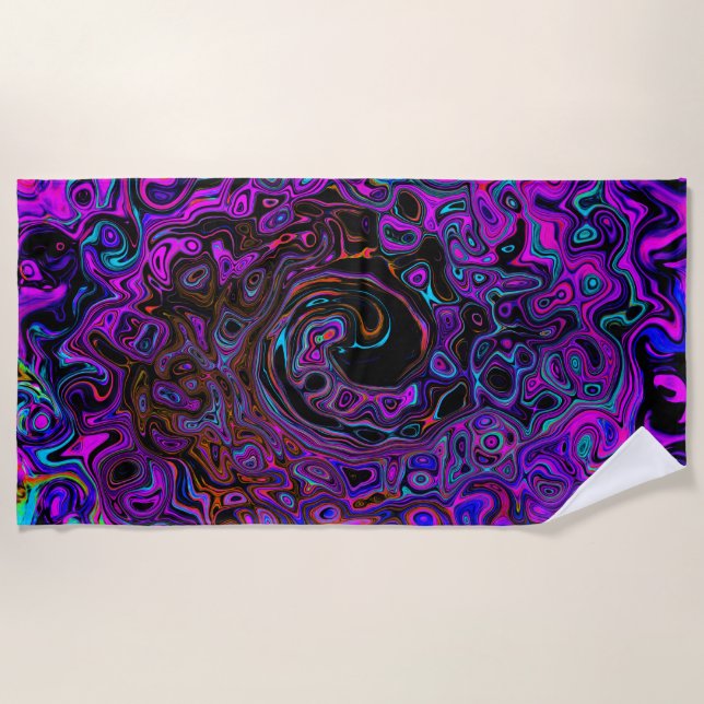 Serviette De Plage Trippy Black et Magenta Retro Liquid Swirl (Devant)