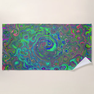 Serviette De Plage Trippy Chartreuse et Blue Retro Liquid Swirl