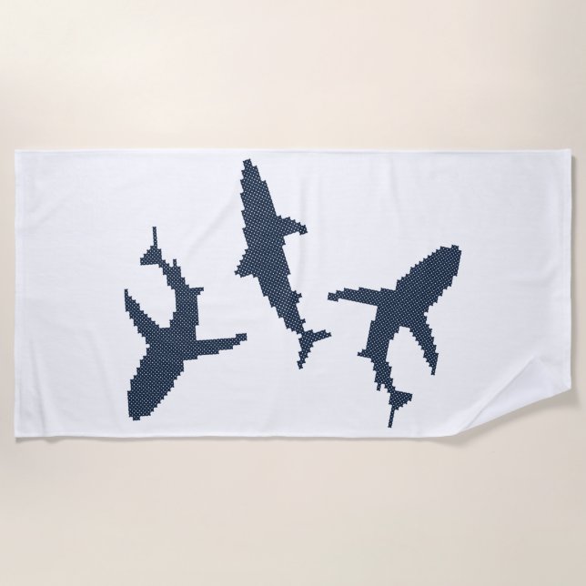 Serviette De Plage Trois requins bleu foncé à coutures croisées (Devant)
