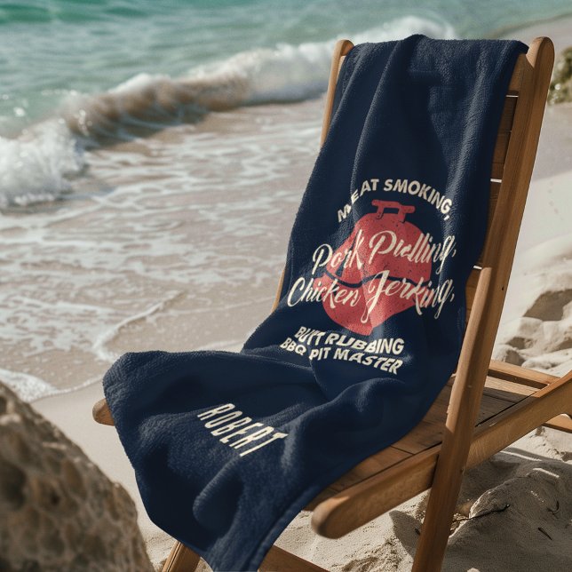 Serviette De Plage Tropical Beach BBQ Pit Master Papa Personnalisé (Navy Blue BBQ Fun Gag Beach Towel)