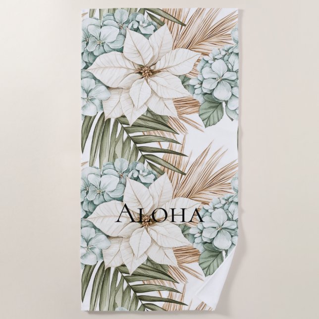 Serviette De Plage Tropical Blue White Flowers   (Devant)