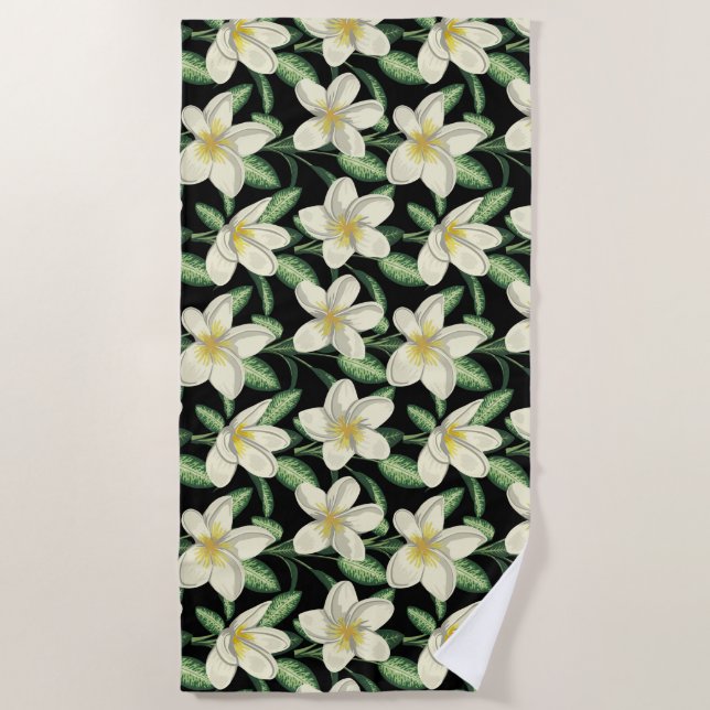 Serviette De Plage Tropical continu motif fleurs blanches feuille ver (Devant)