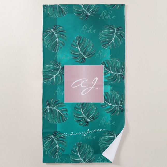 Serviette De Plage Tropical feuille rose or moderne nom monogramme (Devant)