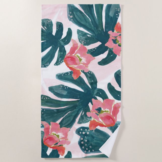 Serviette De Plage Tropical, Feuilles de palmiers, Hibiskus (Devant)