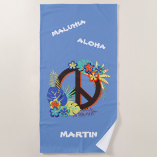 Serviette De Plage Tropical Hawaiian Peace Love Name Colorful Blue