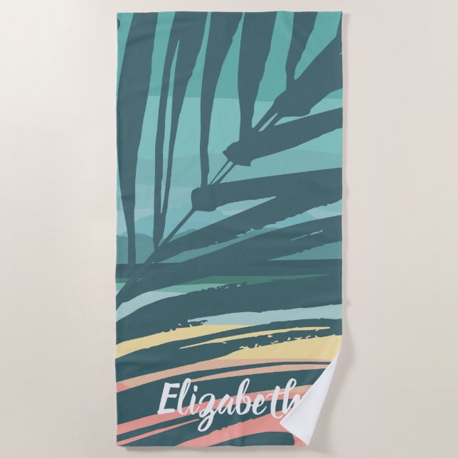 Serviette De Plage Tropical Palm Leaf Sunset Nom personnalisé (Devant)