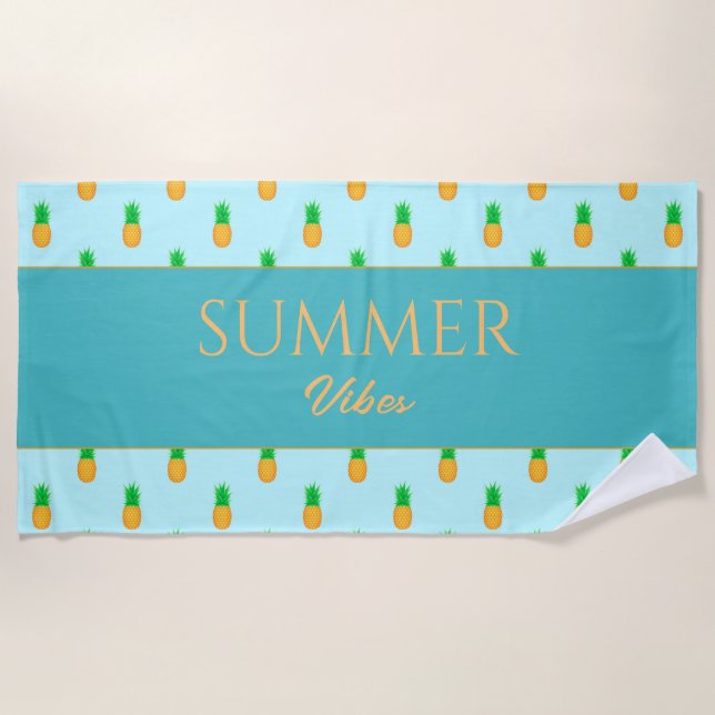 Serviette De Plage Tropical Pineapple with Summer Vibes Custom Text (Devant)