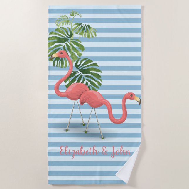 Serviette De Plage Tropical, Striped, Personnalisé Flamants roses (Devant)