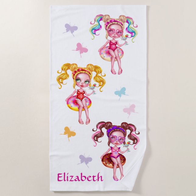 Serviette De Plage Tubes Filles Mignonnes Avec Boutons Personnalisées (Devant)