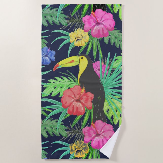 Serviette De Plage Tucan tropical et forêt tropicale Feuille (Devant)