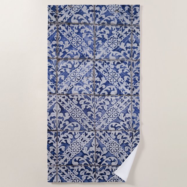 Serviette De Plage Tuiles portugaises - Azulejo Floral bleu et blanc (Devant)